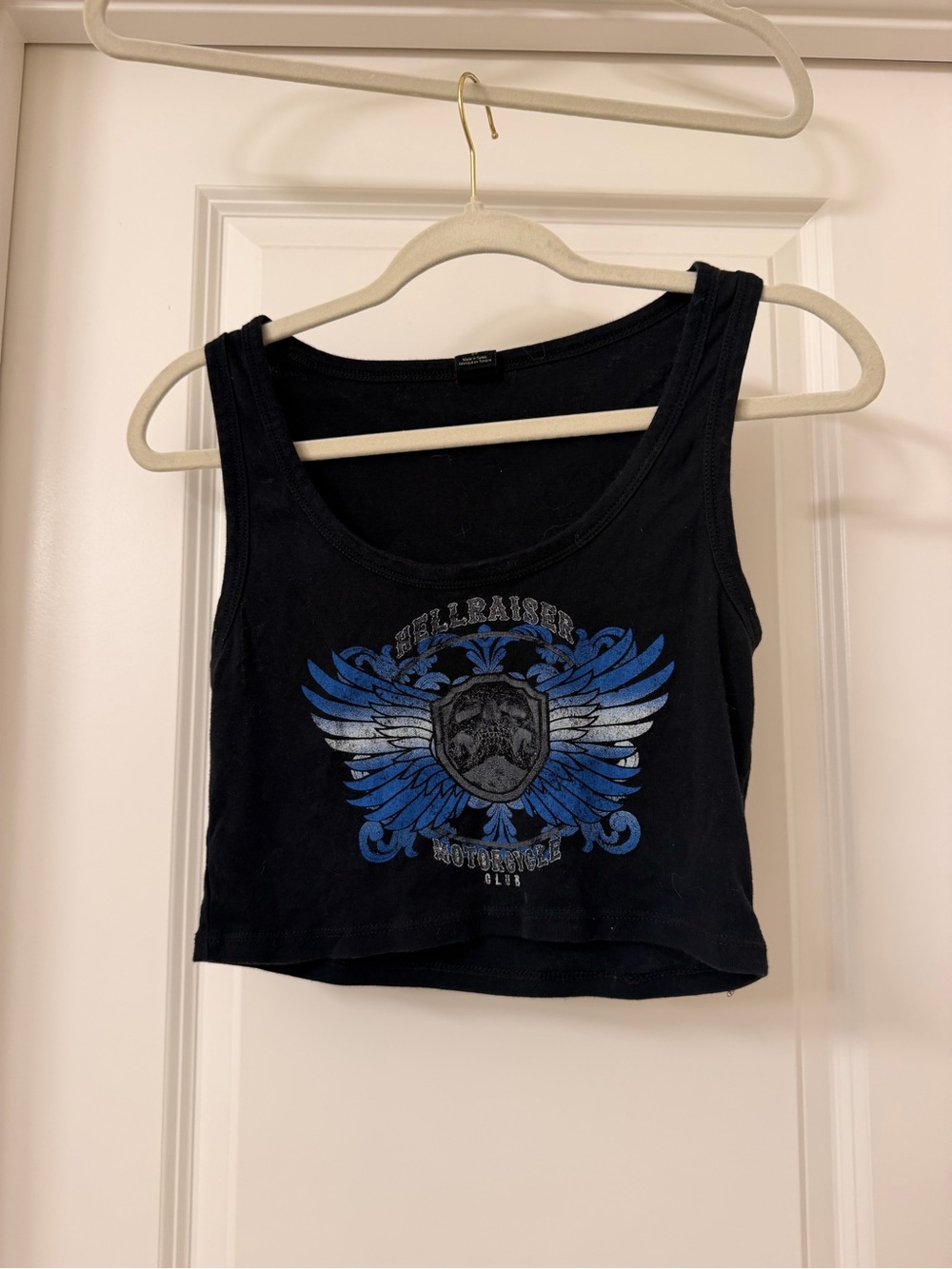 Black Cropped Graphic Tank Top with Blue Wing Emblem